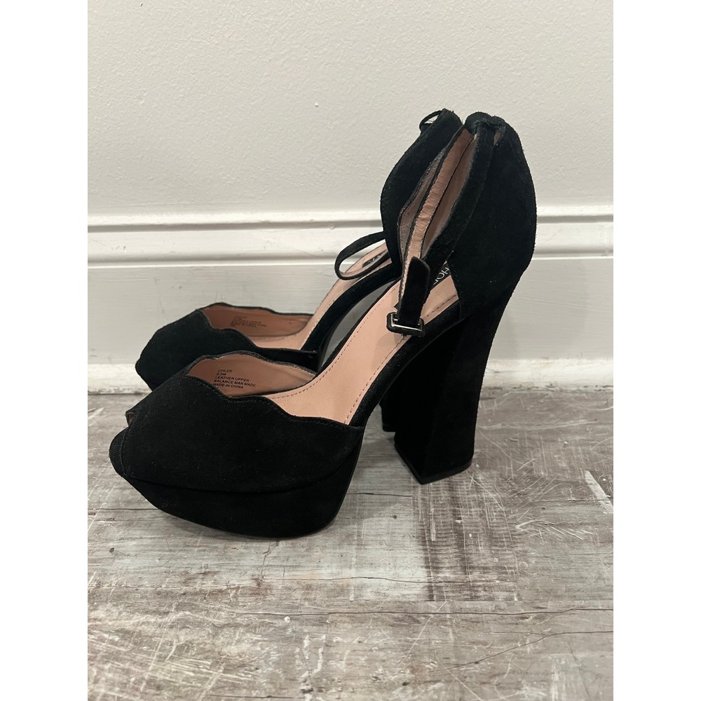 ShoeMint Chloe Heels Black Suede Scalloped Platform Peep Toe Women's SZ 9.5M